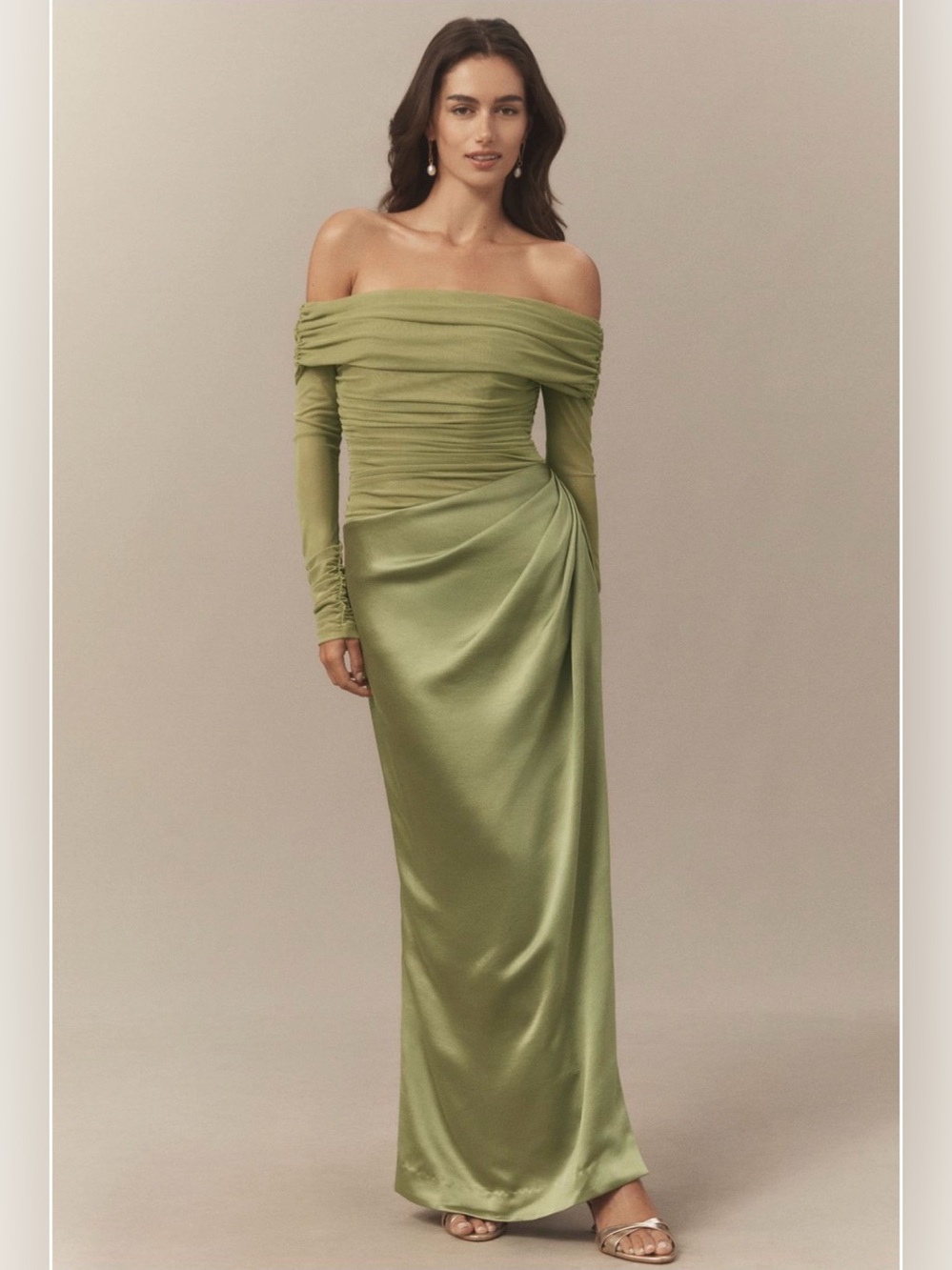 BHLDN Off-Shoulder Long Sleeve Stretch Mesh Maxi Dress Green Ruched XS‎
